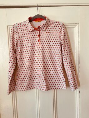 Louis Castel Orange and white golf shirt bird pattern